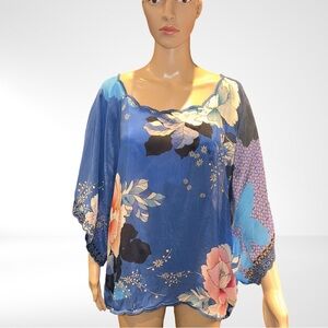 Johnny Was Top XL Embroidered Scalloped Neck Floral
